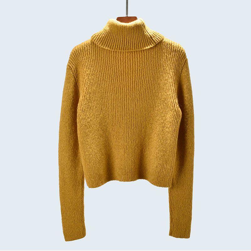 

High Lapel Short High Waist Long-Sleeved Shirt Knitting Sweater Autumn and Winter Undershirt Silm Women s Clothing Solid Color Sweater Yellow One size