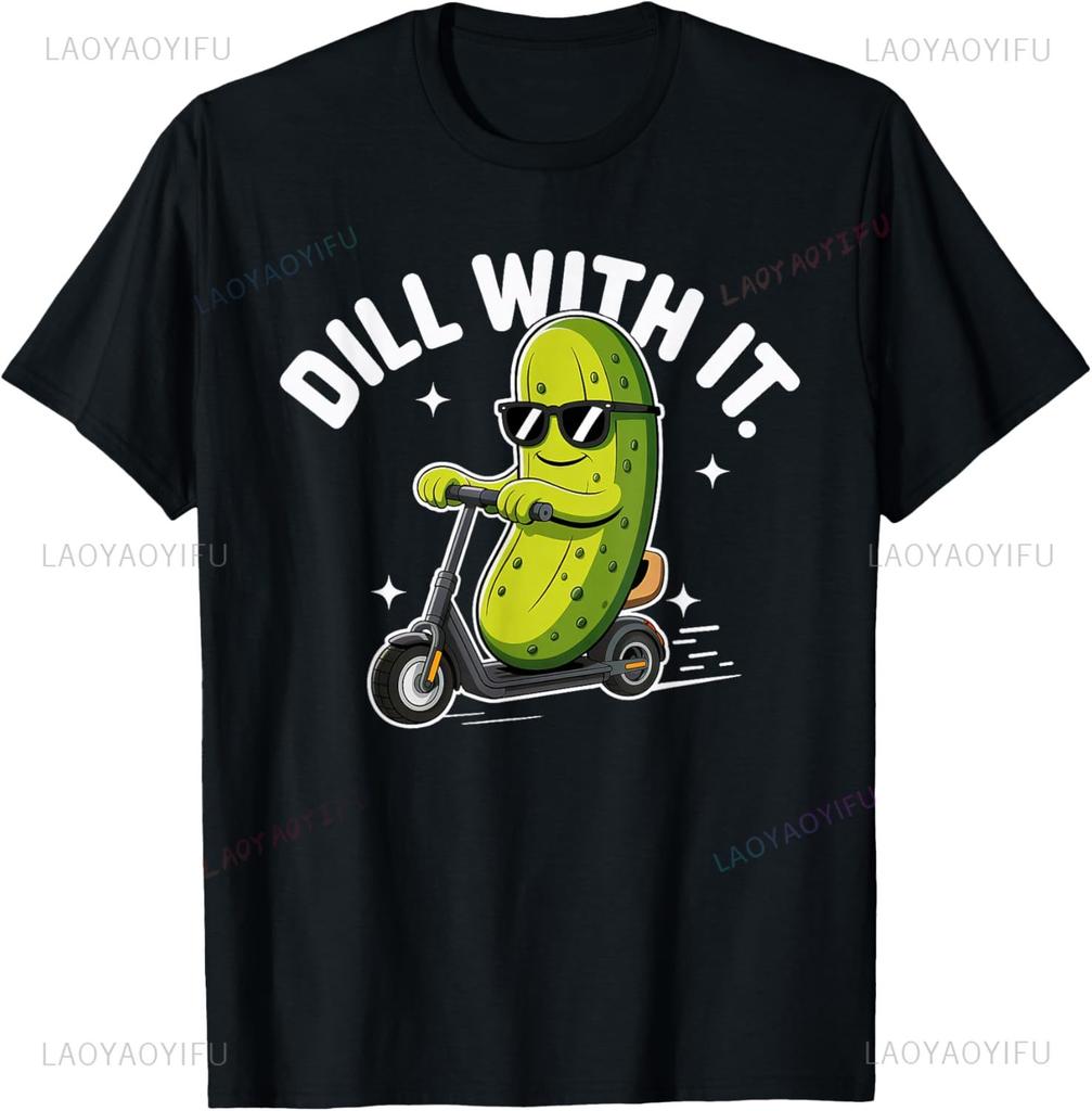 Dill With It Pickle Scooter Riding Funny Retro Meme Humor Tshirt Harajuku Kawayi Individuality Camiseta Hombre