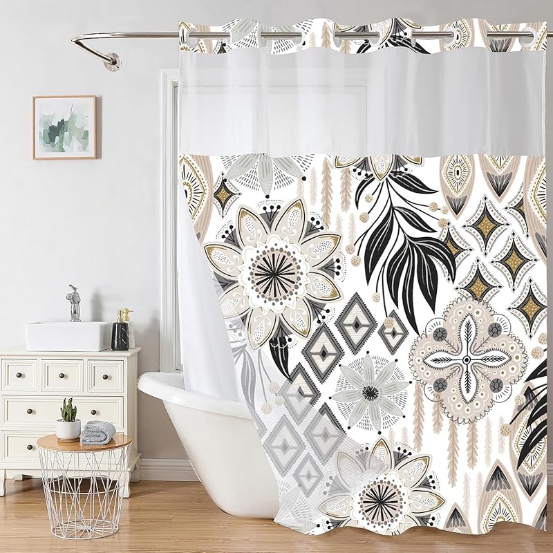 No Hook Pink Bow Shower Curtain and Liner Set Cute Shower Curtain with Snap in Liner Fabric Bathroom Curtain with Liner Set Double Layers Waterproof