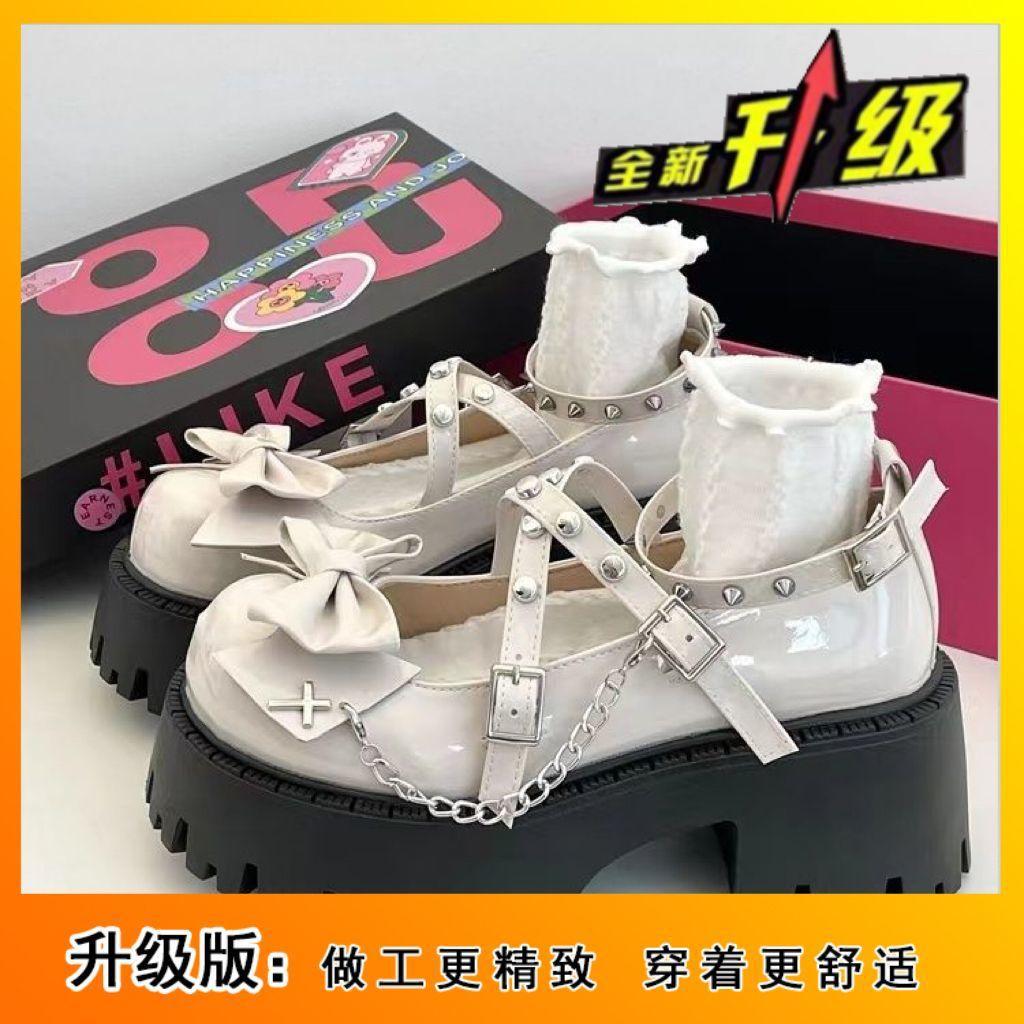 Rivet Round Head Thick Heel Thick Sole Small Leather Shoes Women's 2025 Spring New Black Bow Mary Jane Shallow Mouth Single Shoes