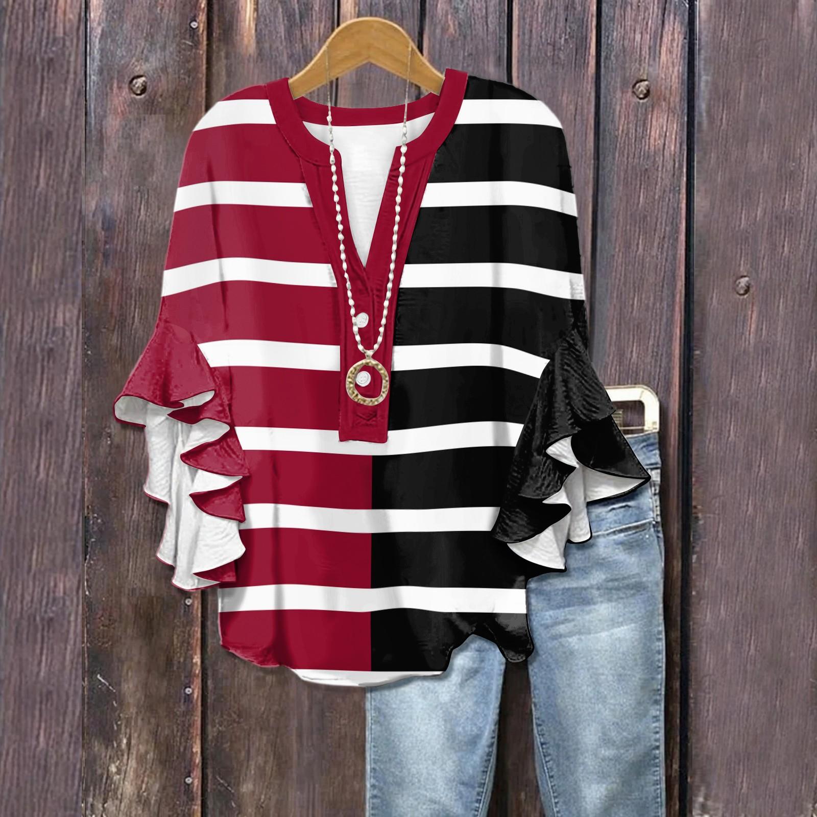 

Summer Tops For Women Cute V Neck 3/4 Sleeve Blouses Print Top Casual Shirts XXL винный