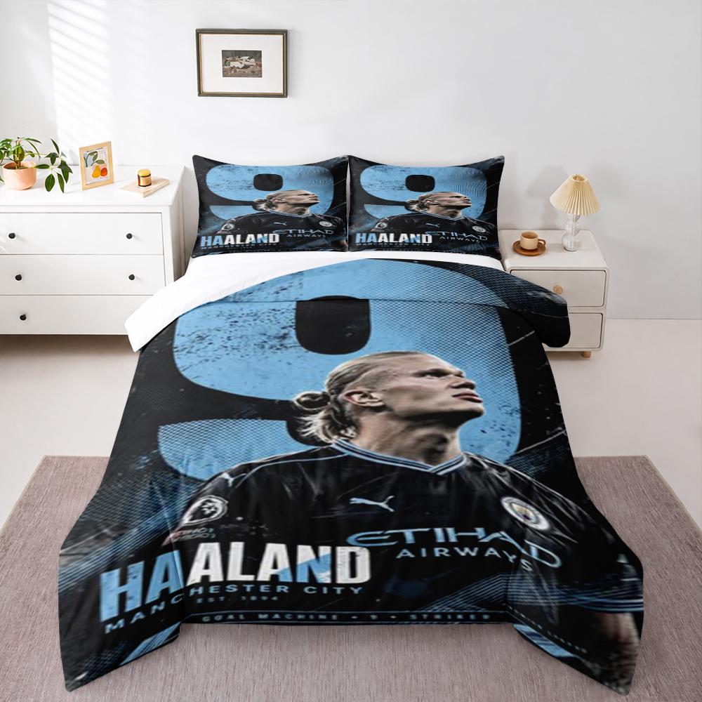 Haaland Manchester City Number 9 Football Bedding set (1 duvet cover, 2 pillowcases, duvet not included), Grunge Soccer Star Art Print
