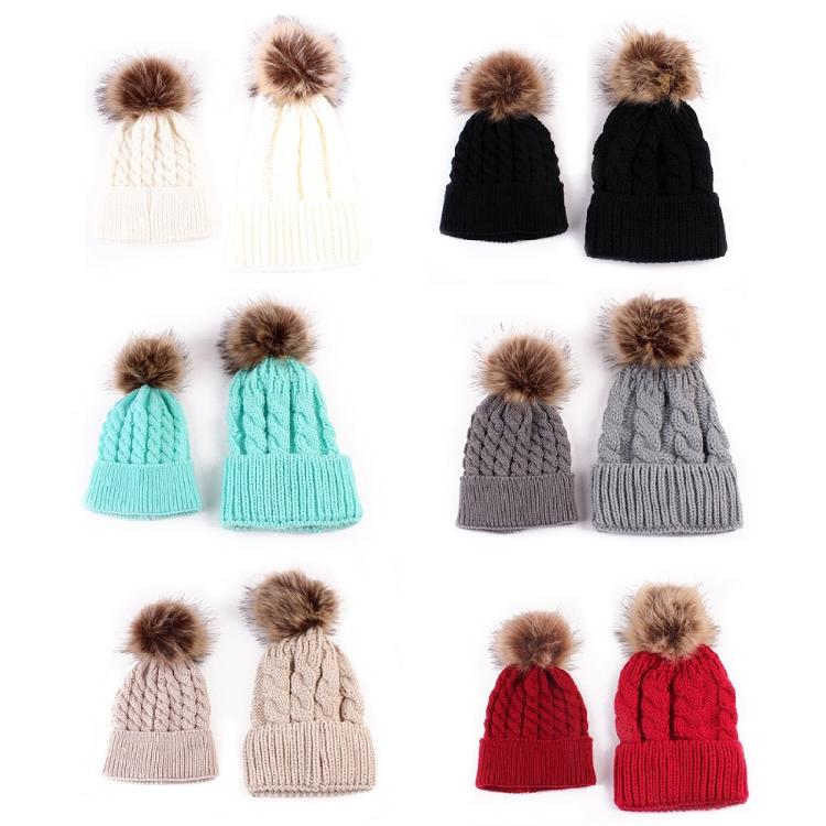 Pom Pom Hat in Matching Style for Parent Children Knitted Caps in Solid Color