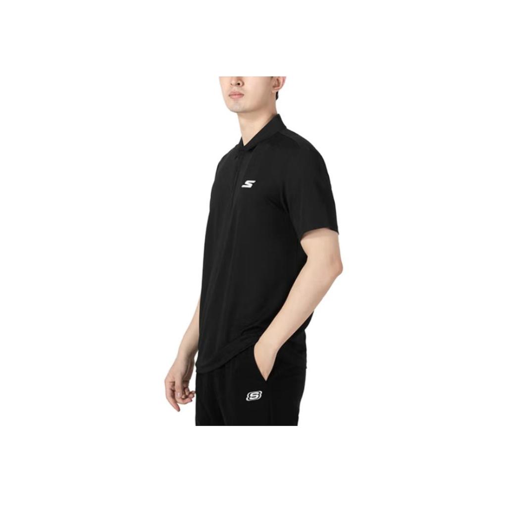 Skechers Solid Color Letter Print Short Sleeve Polo Shirt Men Tops Black P122M053-0018