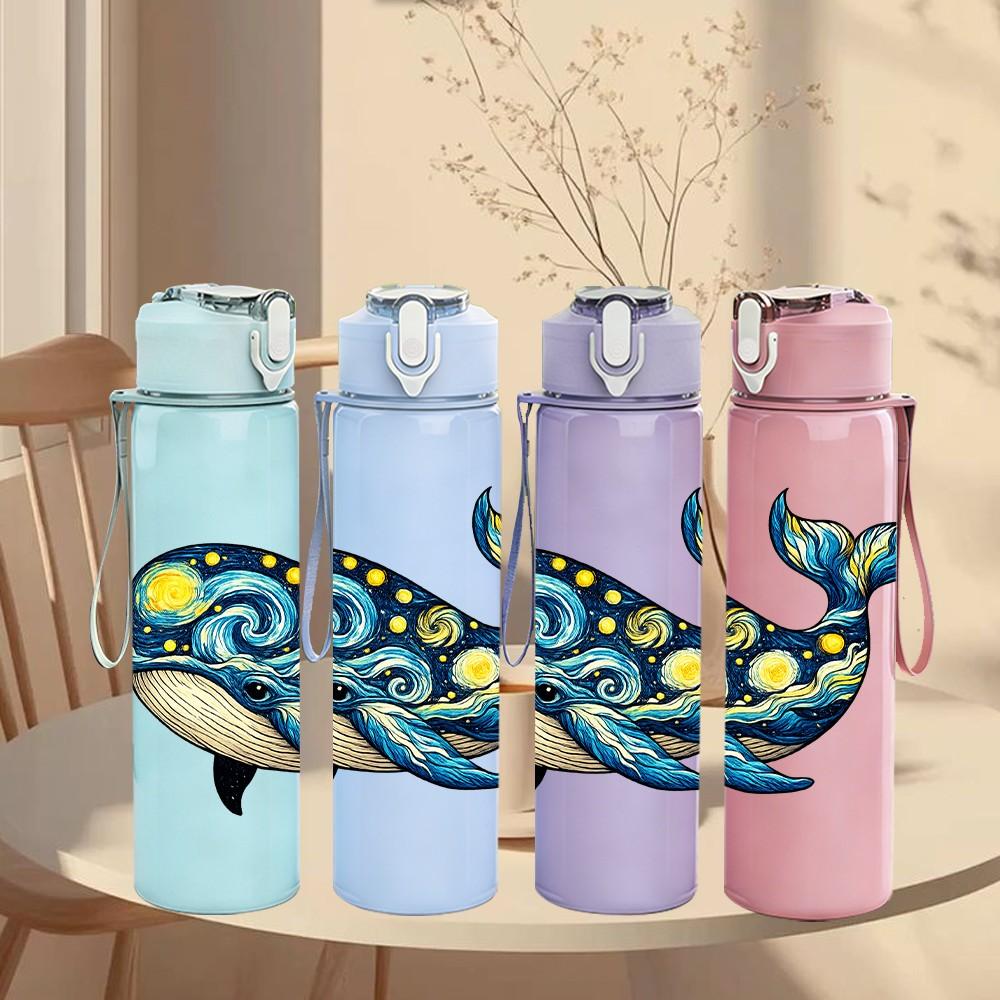1PC Colorful Pattern Whale Ocean Print 750ml Color Plastic Sports Water Bottle Leakproof Flip Straw Lid Suitable for Sports Office Home Use