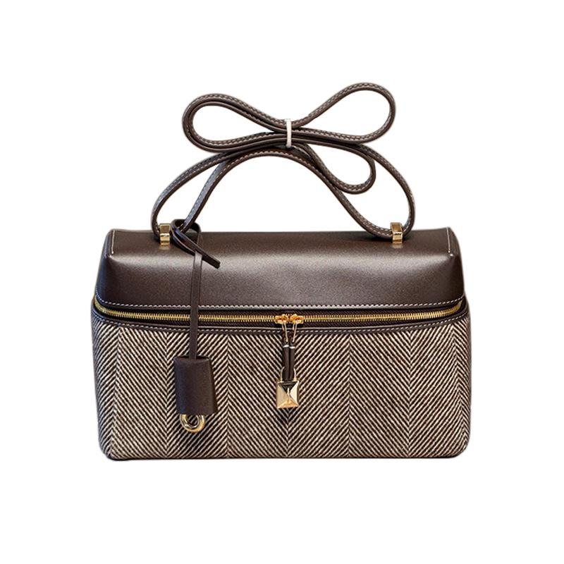 New LP27 Lunch Box Bag, Linen Fetal Cow Pattern Calfskin Box Bag, High-end Single Shoulder Crossbody Handbag, Women's