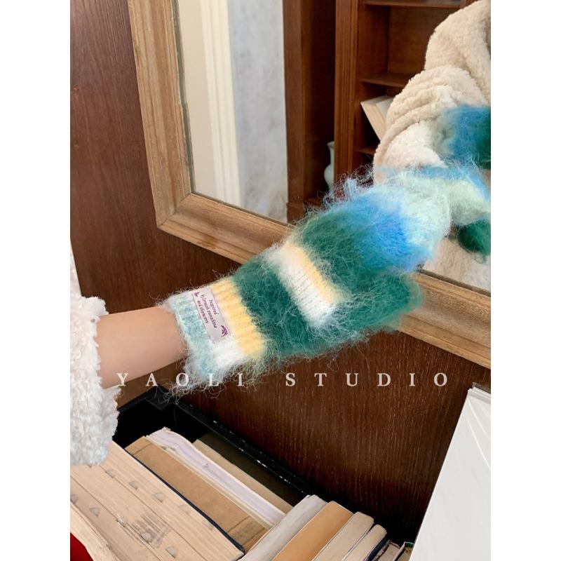 Jintai rainbow color matching stripes~ atmosphere plush mittens women's autumn and winter warm and cold moisture