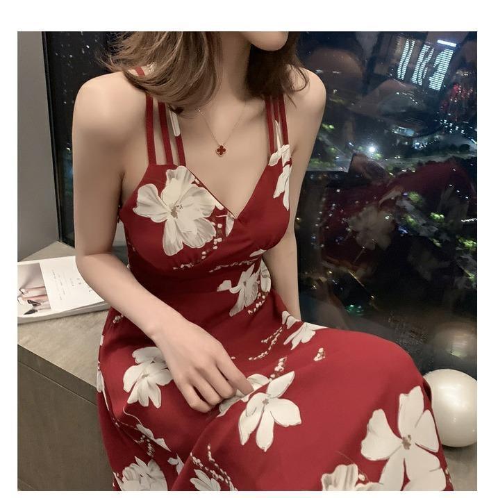 2020 Summer Korean Midi Backless Spaghetti Strap Beach Dress