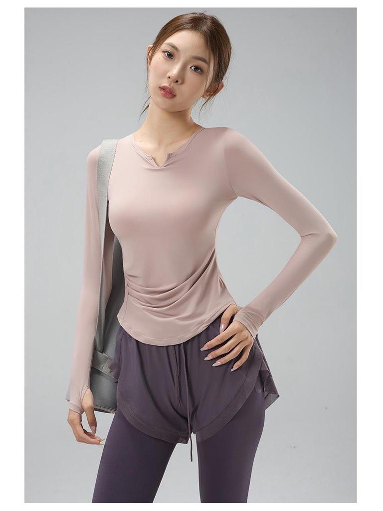 Women's V-Neck Yoga Set: Quick-Dry, Breathable, Fashionable Two-Piece with Chest Pads and Long Sleeves