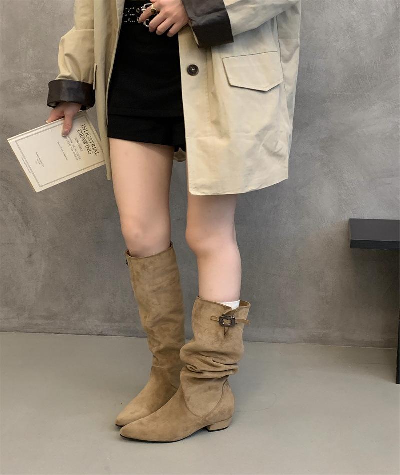 

Pointed pleated stacked fashion boots, inner heightening version 2025 autumn and winter thin Maillard retro boots 39 абрикосовый