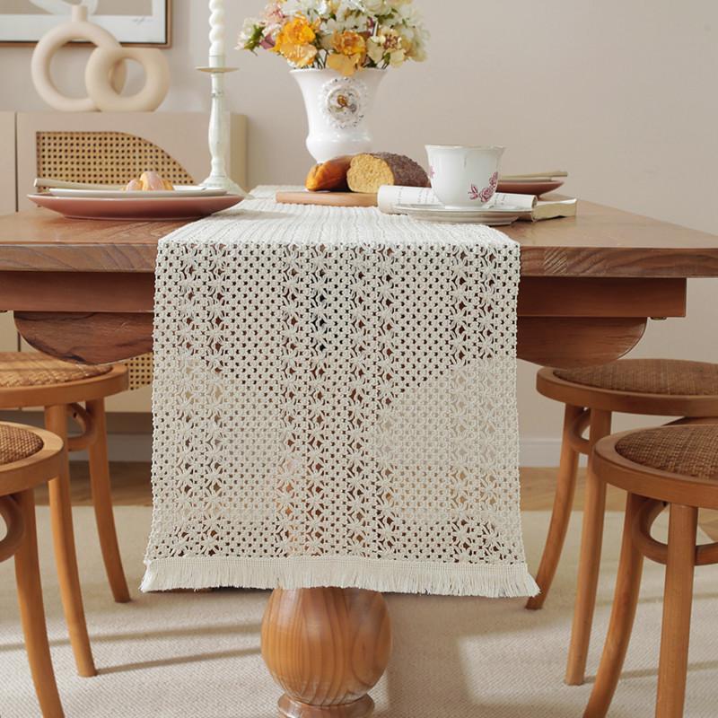 Boho Crochet Table Runner, Handmade Lace Striped Design, Polyester Woven Rectangular Table Decor for Home and Restaurant, Christmas Holiday Decoration