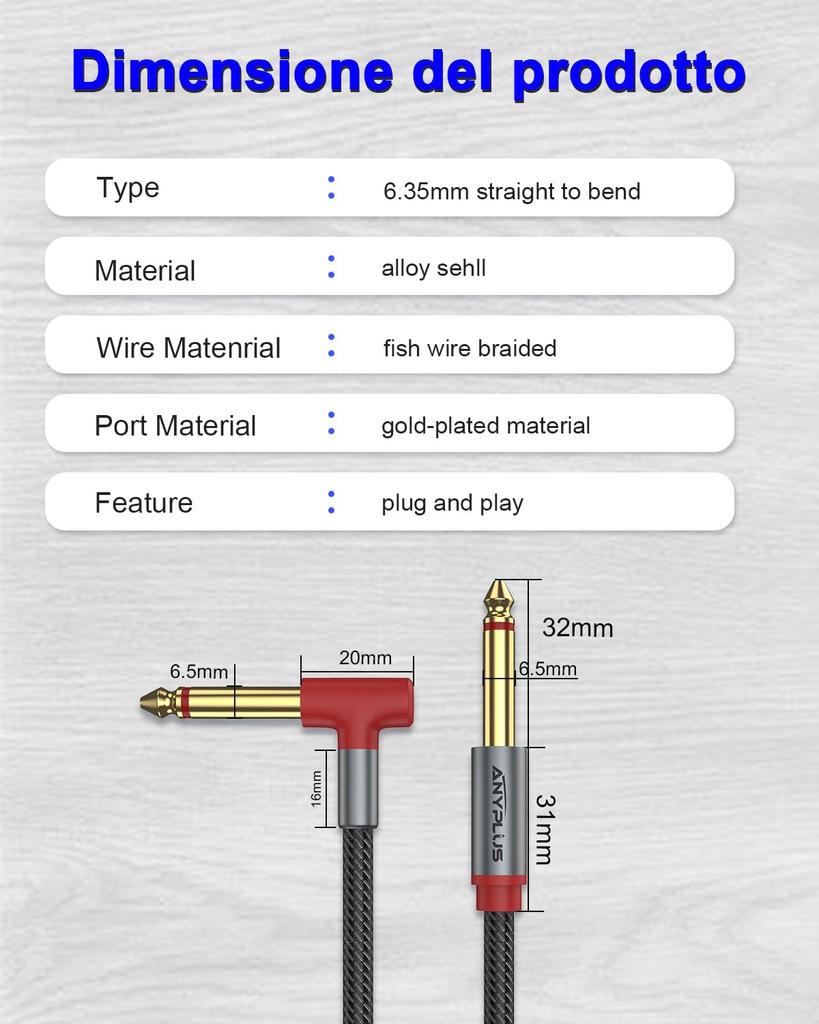 ANYPLUS mm Instrument to Elbow Guitar Line Stereo Standard Plug used for connecting 6.35 Cable, [1m] 6.35mm 6.35mm 90° Cable, pegs, tuners, guitars,