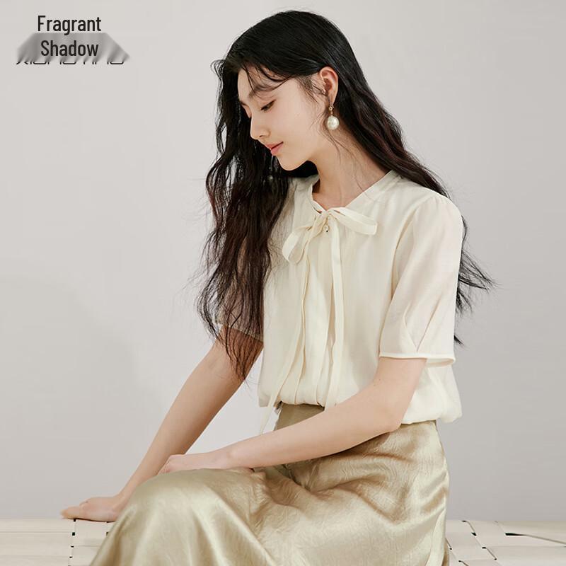 Xiangying Women s French Style Tie-Neck Short Sleeve Blouse L
