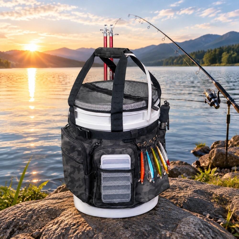 Camouflage Fishing Bucket Organizer Multi-Pocket Bucket Gear Bag Bucket Tool Bag  Outdoor Fishing