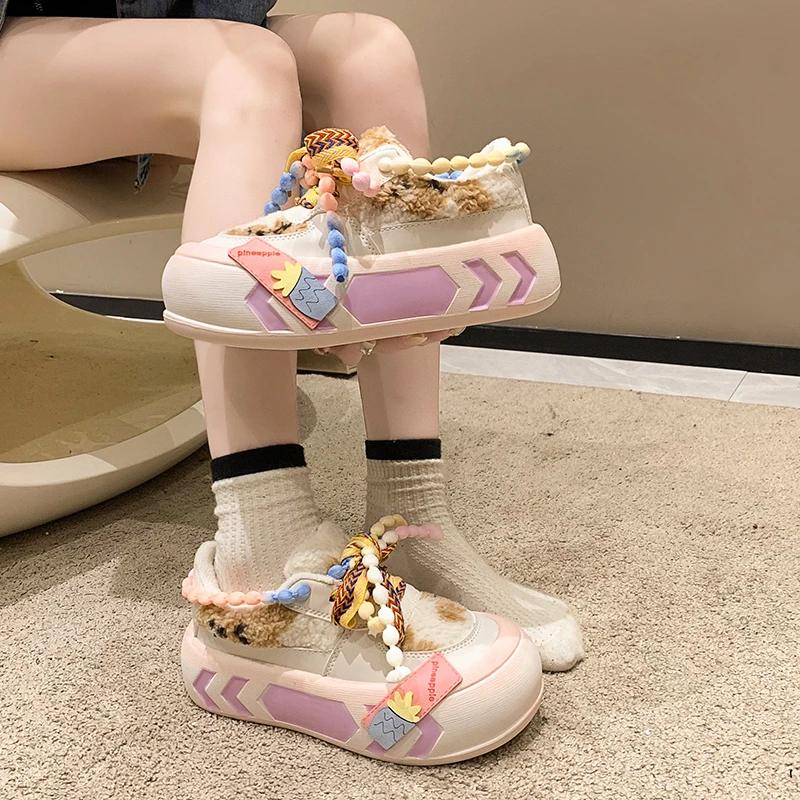 Fashion Designer Cute Kawaii Dad Shoes for Women Girls Platform Vulcanized Shoes Ladies Colorful Round Head Casual Fur Warm Shoes Winter