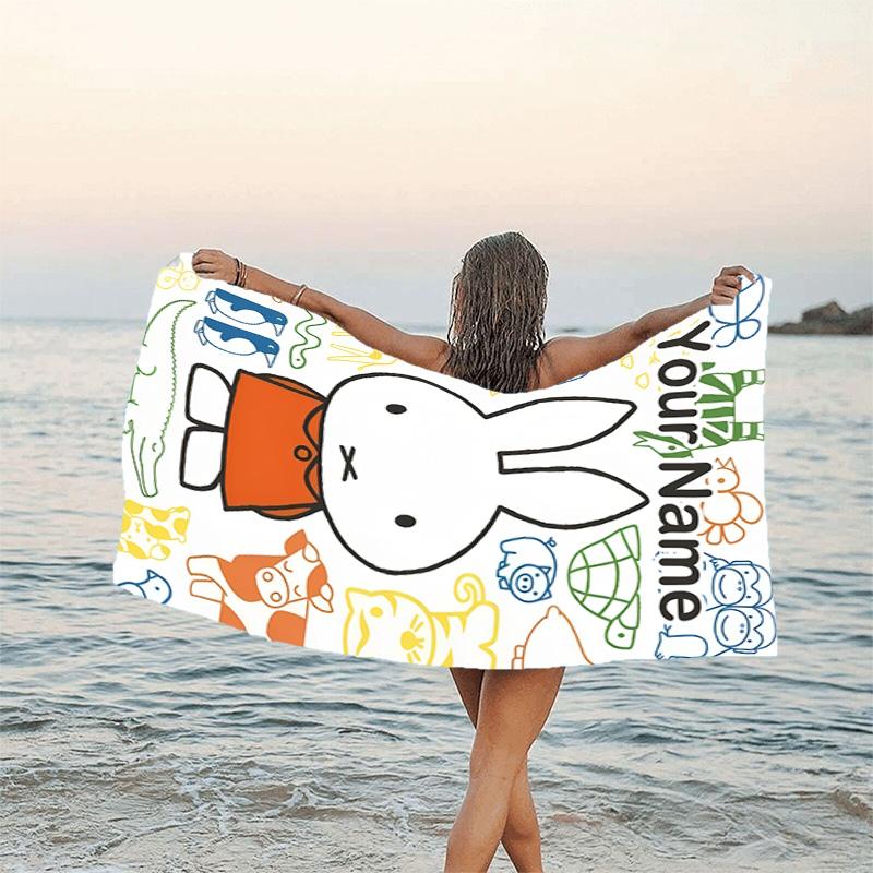 1pc Miffy1 Beach Towel with Custom Name, Beach/Swimming/Bath/Picnic/Camping Towel, Suitable for Seaside Beaches