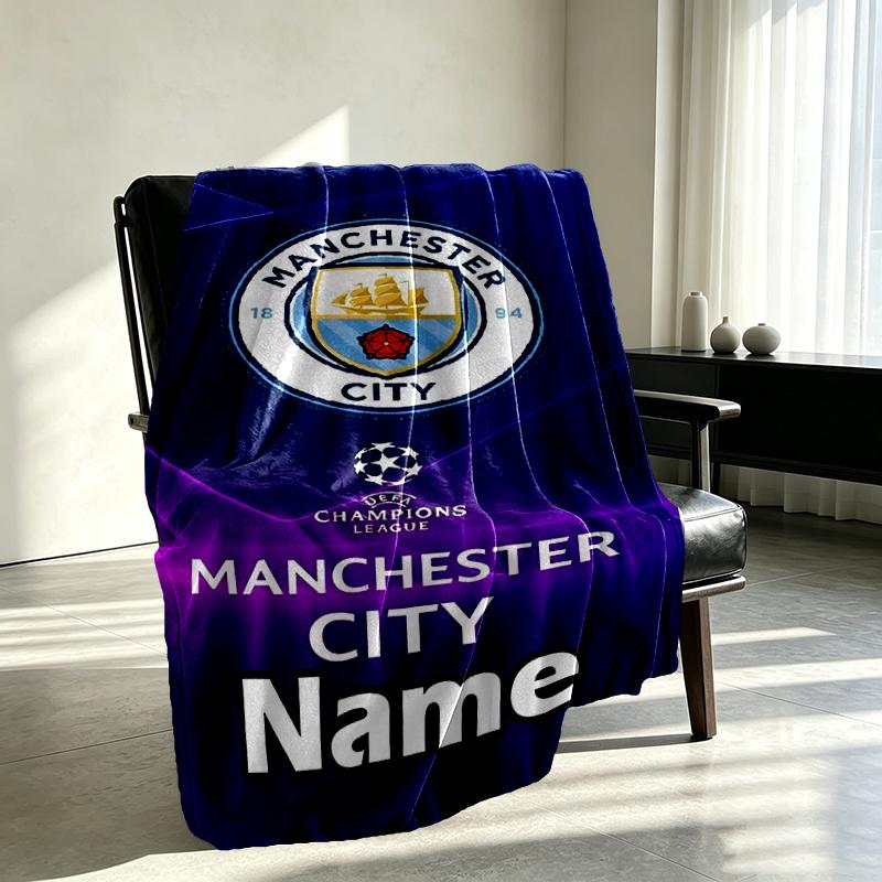 Custom Name Personalized Manchester City FC Print Blankets, Home Decor, Bedroom, Sofa, Camping, Couch, Gifts for Birthday Christmas