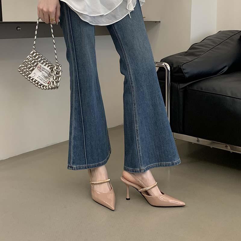 Beautiful Nude Patent Leather Pointed High Heels Women'S Summer Temperament Metal Word With Sexy Thin Heel Bag Head Sandals