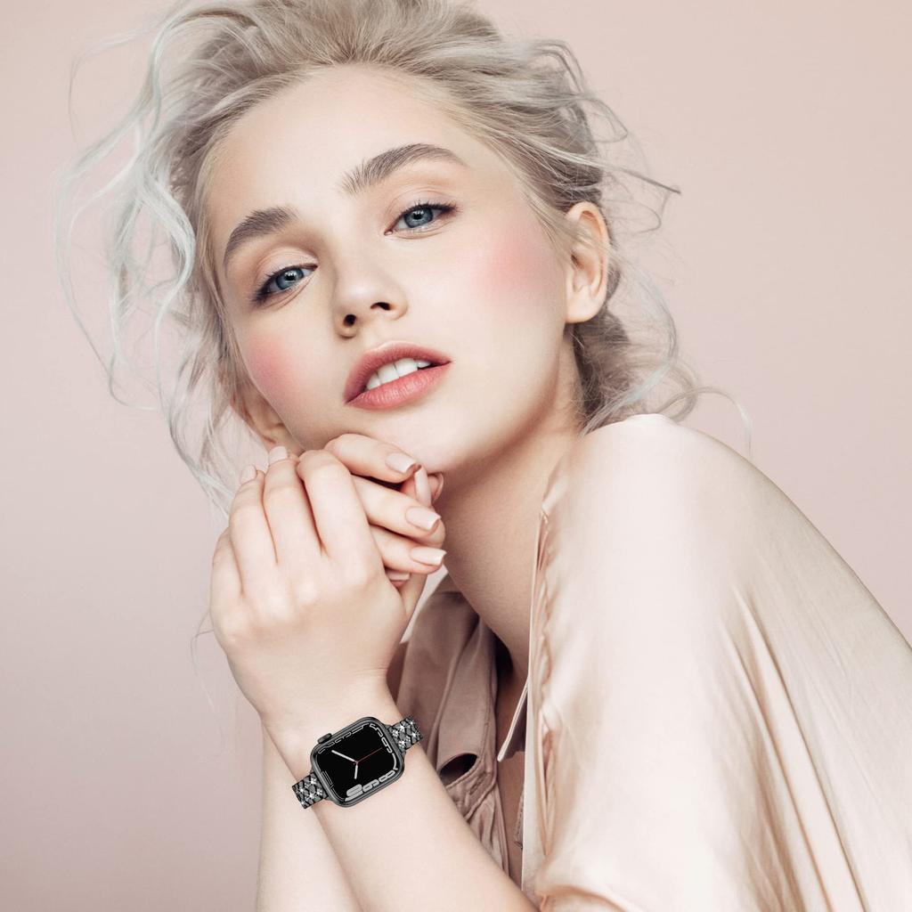 Pro Apple Watch Series 10 42 mm / 9 8 7 41 mm / SE (2023) SE (2022) SE 6 5 4 40 mm / 3 2 1 38 mm Náhradní řemínek k hodinkám s dekorem drahokamu, slitina zinku