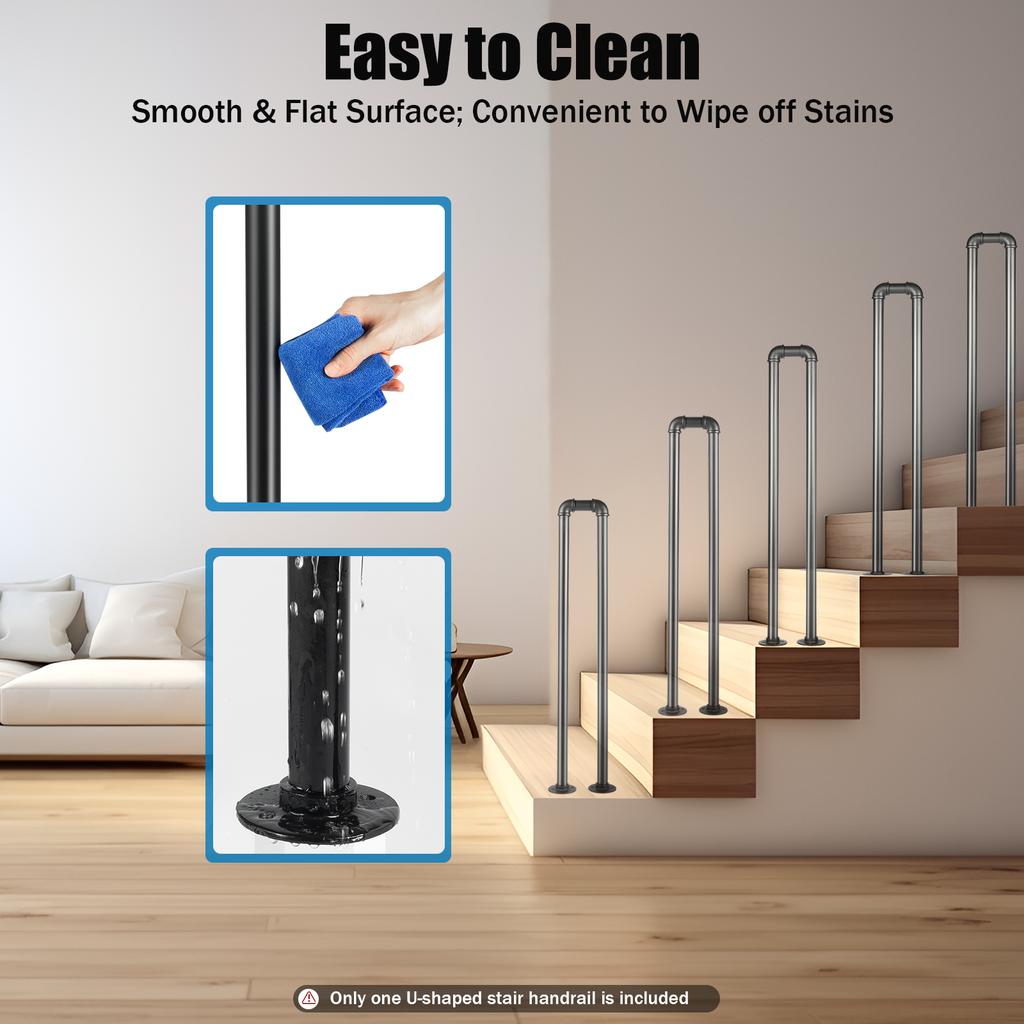 Industrial Matte Black U-Shape Handrail, 50kg Load Galvanized Steel Stair Railing, Wall Mounted Safety Handle for Elderly Kids I