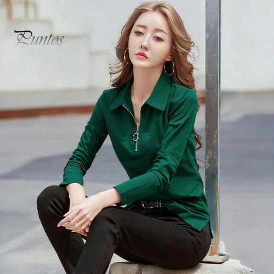 Women T-shirt Lapel Zipper Half Placket Long Sleeve Pullover Tops Solid Color Soft Stretchy Tee Slim Fit Casual Shirt Work Party Vacation Daily