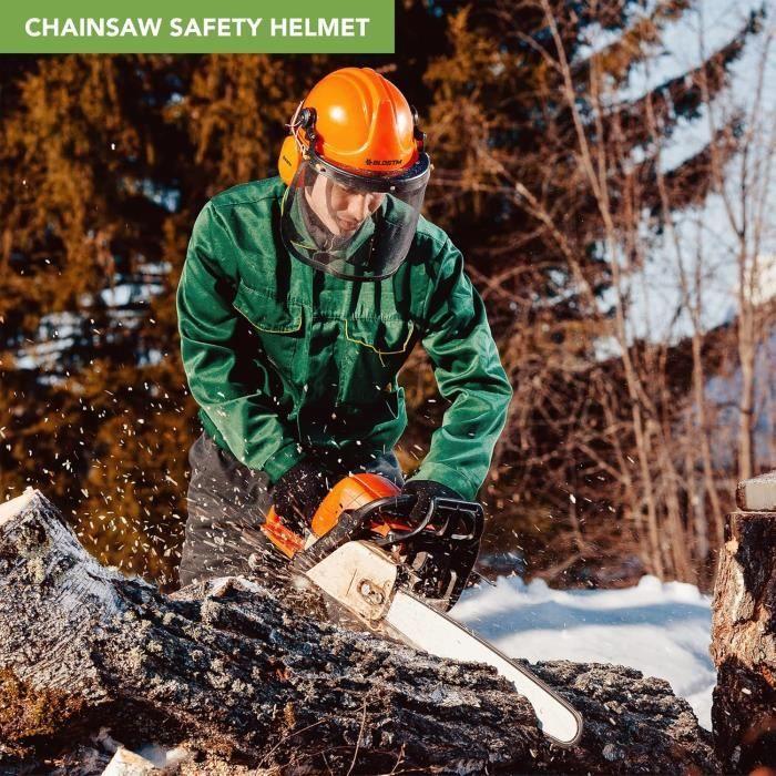 Blostm casque de sécurité pour tronçonneuse - 3 en 1 casque debroussailleuse orange avec visière en maille d'acier et cache-oreil