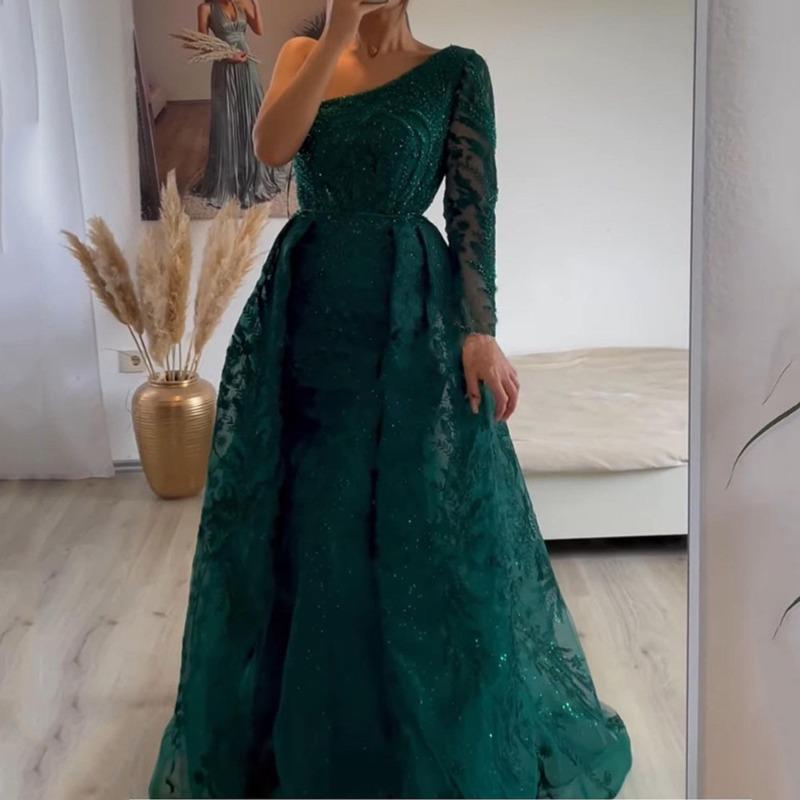Suer Women's Slim Fit Fishtail Dress Dress Mesh Bead Trendy Slant Shoulder Long Sleeve Dress