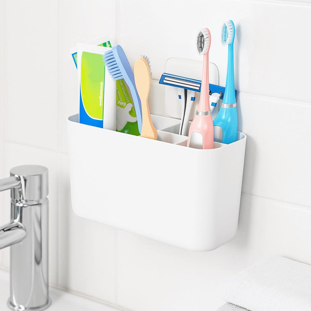 Plastic 5 Slots Toothbrush Organizer Drainable Wall Mounted Toothbrush Holder Space Saving with Divider Toothpaste Holder