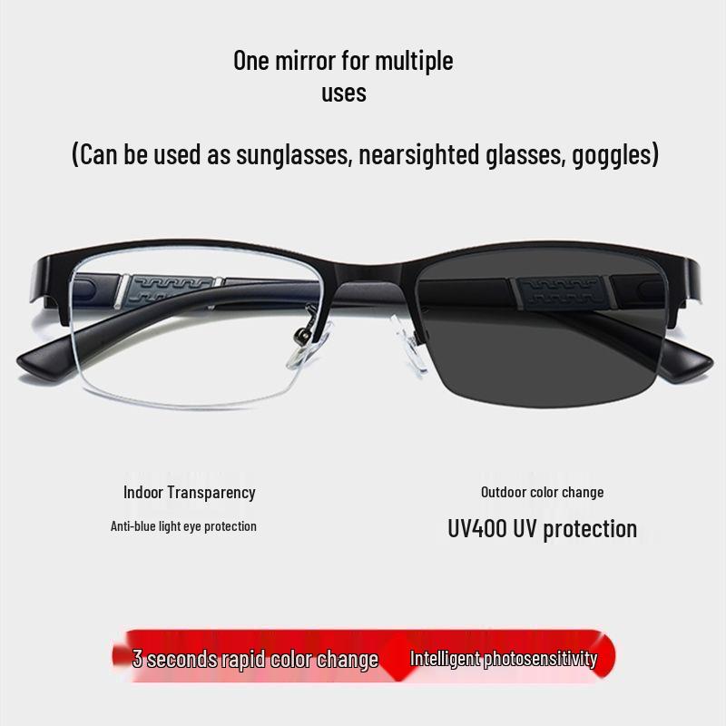 High-End Semi-Rimless Men's Photochromic Myopia Glasses - Anti-Blue Light, Prescription Compatible, Trendy Design