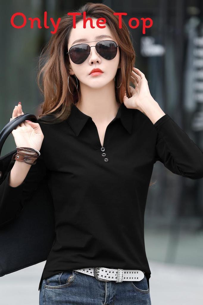 Elegant Long Sleeve Polo T Shirt For Women With Spliced Design Made Of Cotton And Spandex For Office Wear