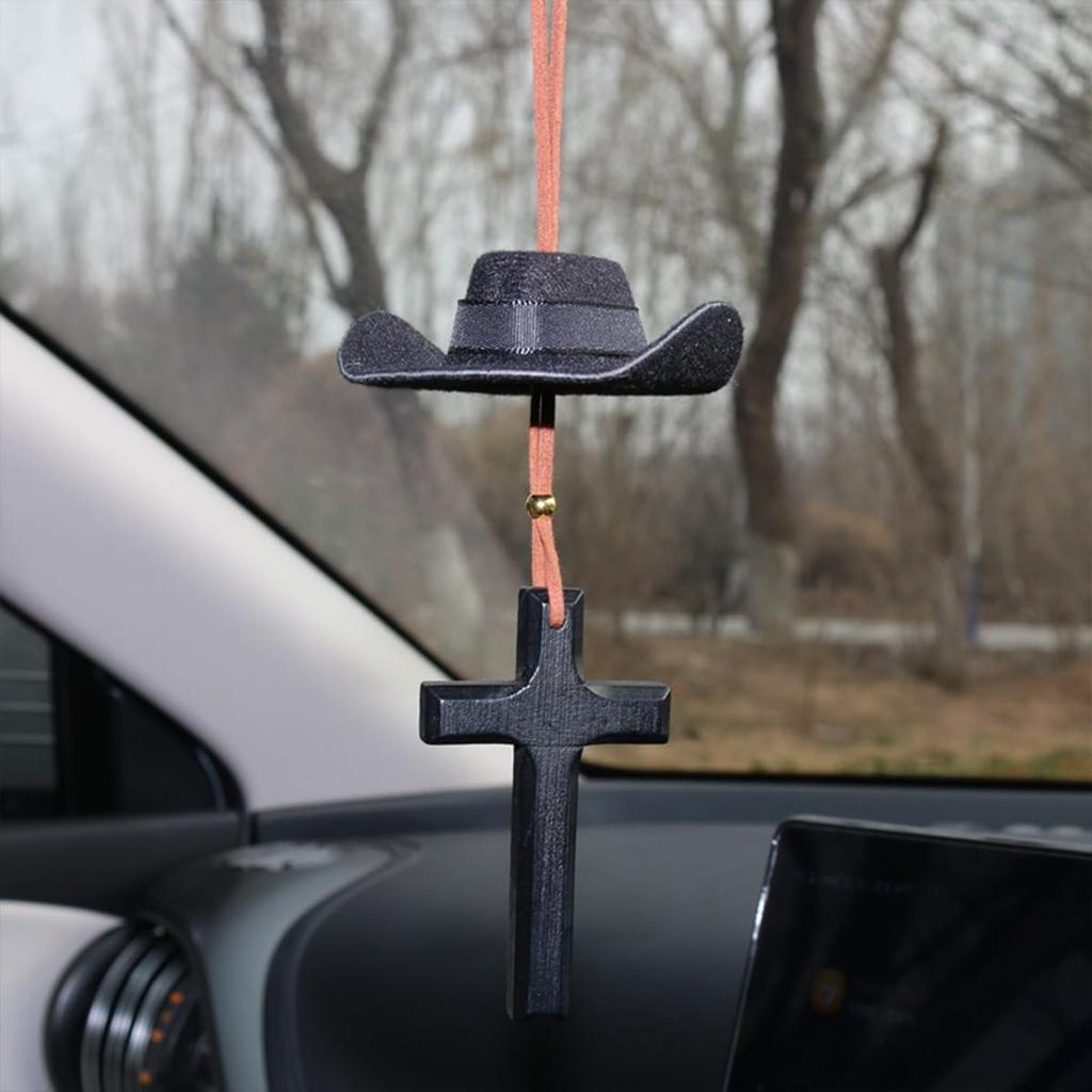 Zpana Cowboy Hat Car Hanging Charm with Cross, Felt Miniature Western Country Vehicle Rear View Mirror Pendant, Cute Mirror Decor Ornament, Universal