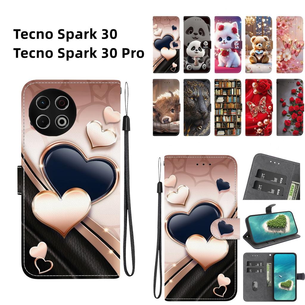 Handmade PU Leather Flip Case for Tecno Spark 30 / Spark 30 Pro Anti-Slip Shockproof Cover with Wrist Strap & Heart/Rose Cat Designs
