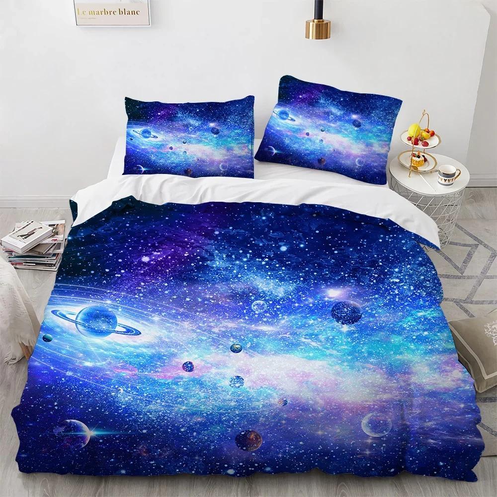 Galaxy Planet King Queen Duvet Cover Universe Sky Bedding Set 3D Blue Earth Outer Space Astronomy Polyester Quilt Cover