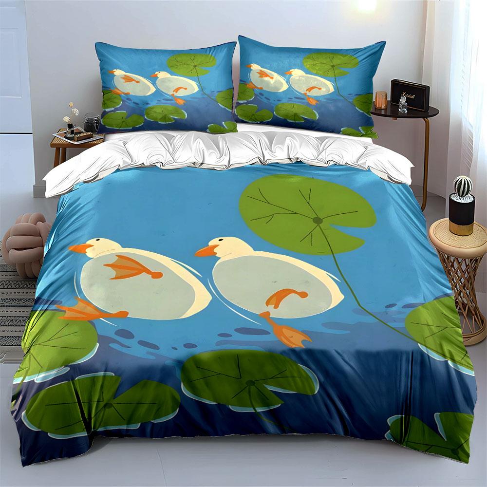Ducks and Lily Pads Cartoon Print Bedding Set 1 Duvet Cover 2 Pillowcases for Adult and Children Luxury Gift Full Size