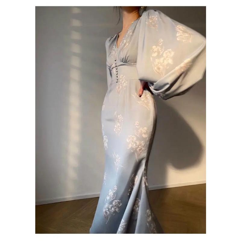 Neu Elegante Druck Meerjungfrau Kleider für Frauen Sommer Neue Slim V-ausschnitt Langarm Landebahn Partei Robe