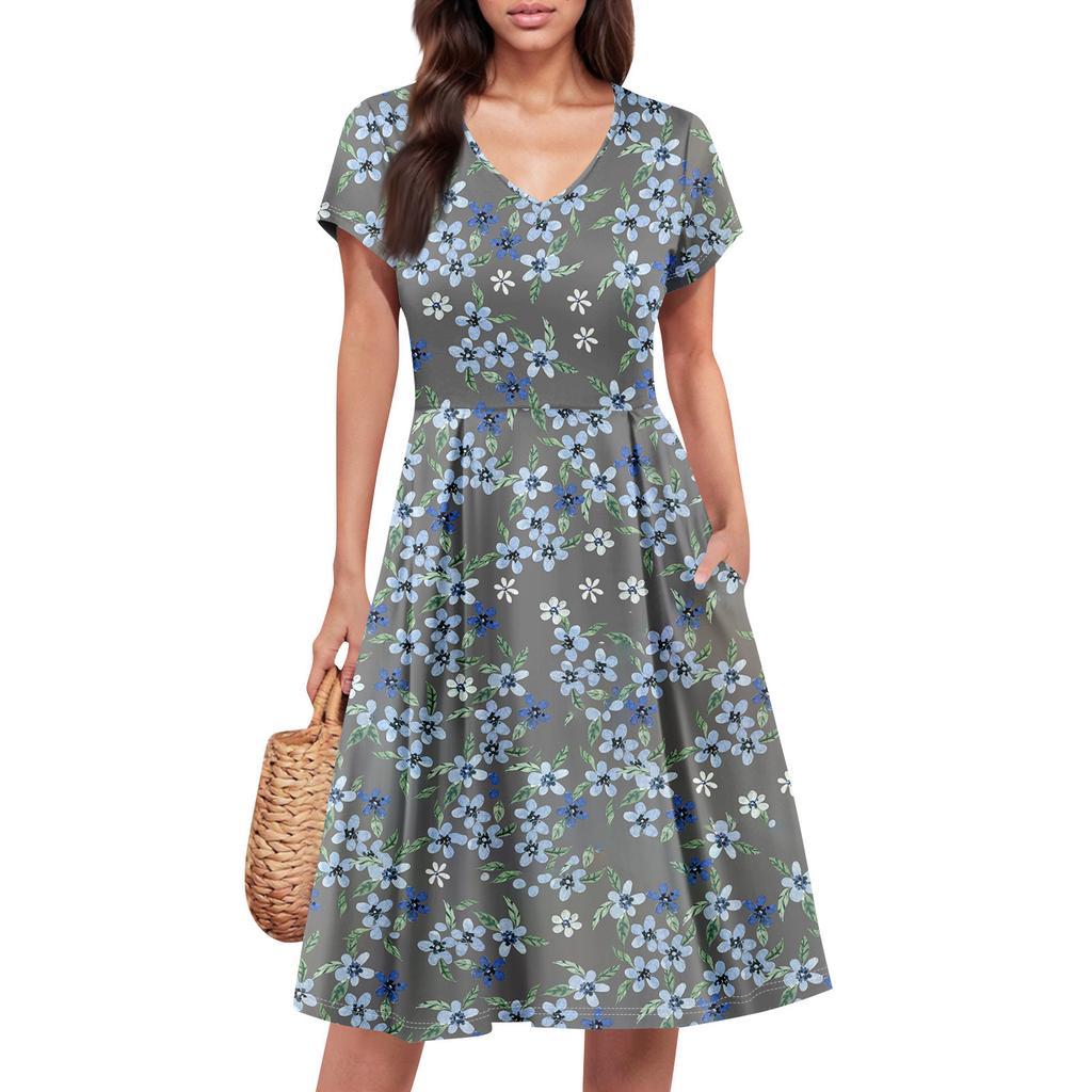Womens Summer Dress Short Sleeve V Neck Short Dresses Fashion Casual Flowy A Line Swing Sundress With Pocket