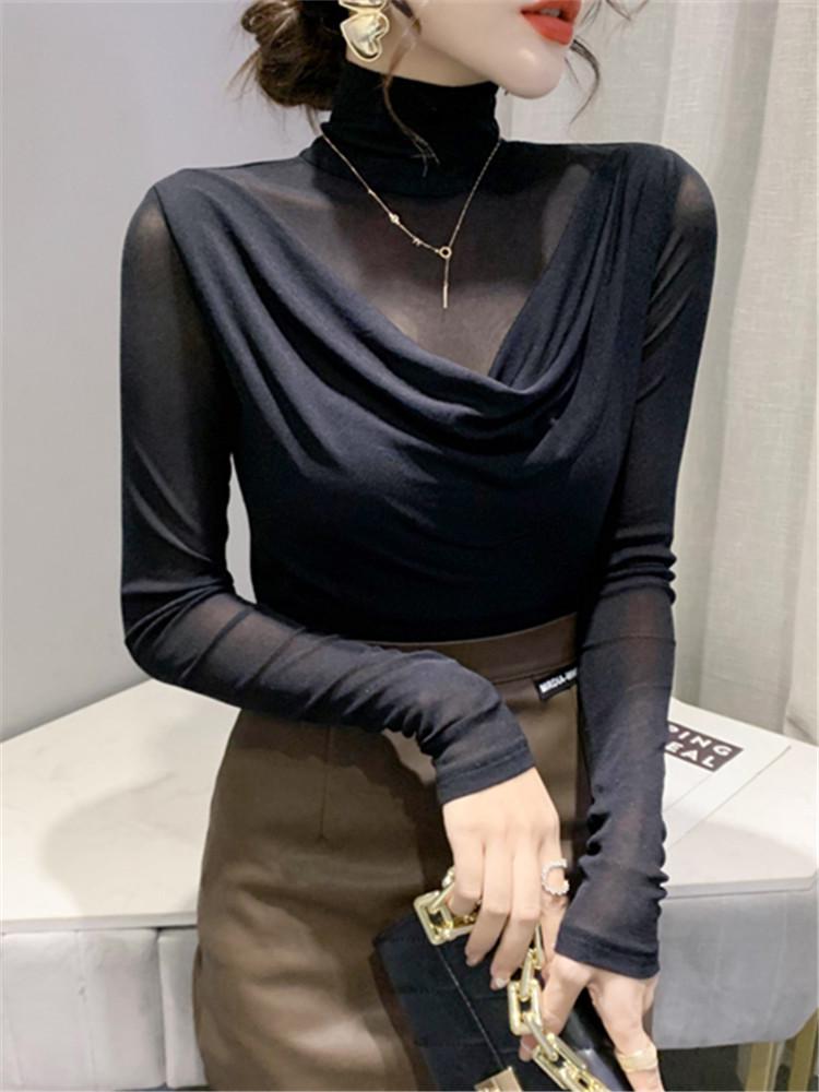 European High Neck Mesh Long Sleeve Top - Women's Slim Fit Autumn Shirt