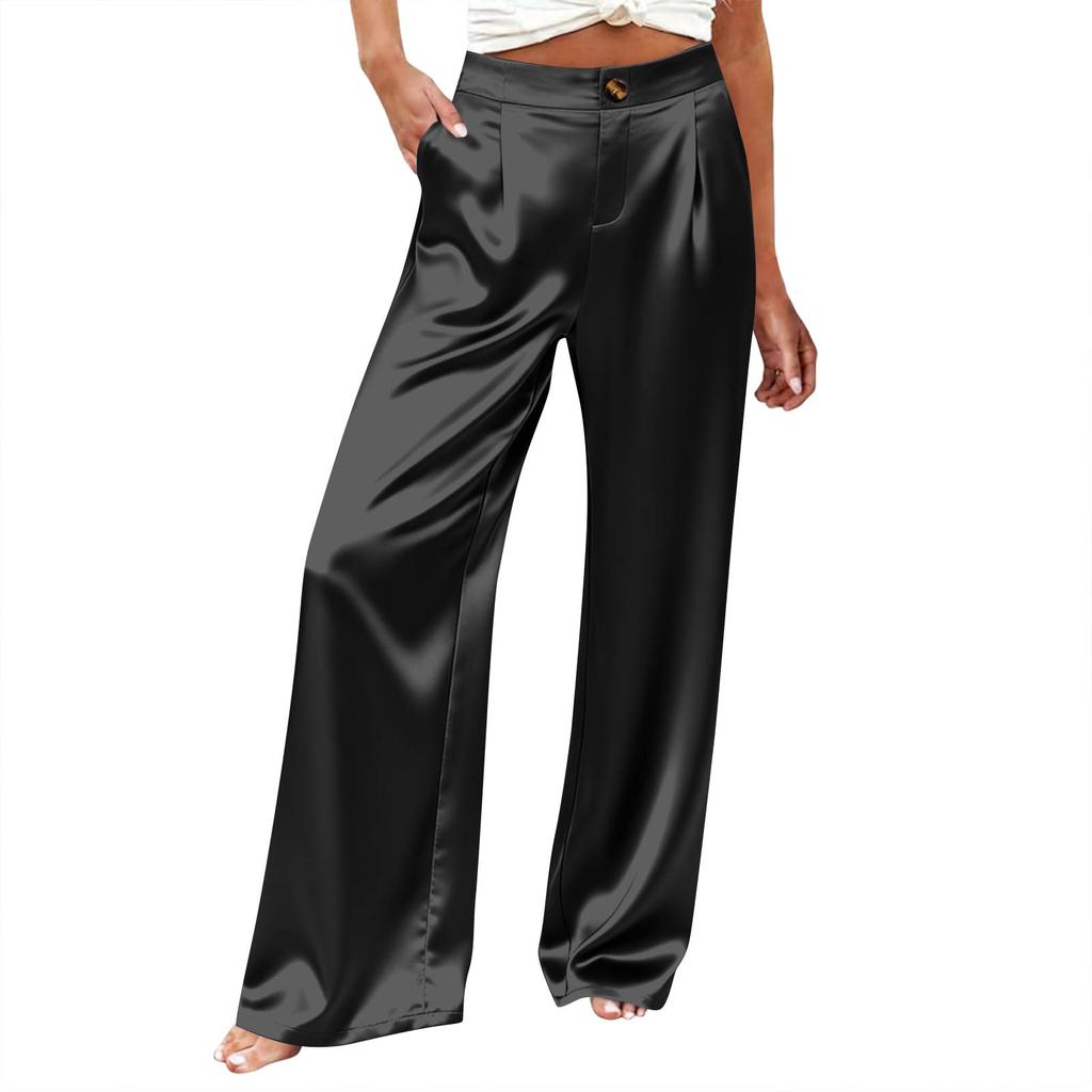 Pantalones de satén de pierna ancha para mujer de cintura alta, corte holgado, cierre de botón, elegantes pantalones de pierna recta para el uso diario