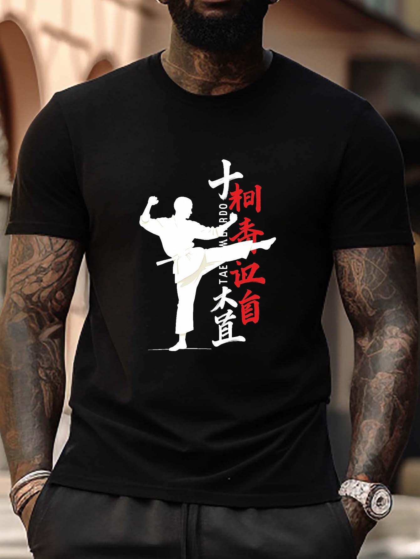 

Plus Size Korean Taekwondo High Kick Silhouette Graphic T-shirt - Black Martial Arts Design with Korean Text S