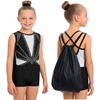 Kids Girls Gymnastics Dance Set Sleeveless Crisscross Back Shiny Rhinestones Color Block Metallic Leotard with Shorts Hairband and Drawstring Backpack
