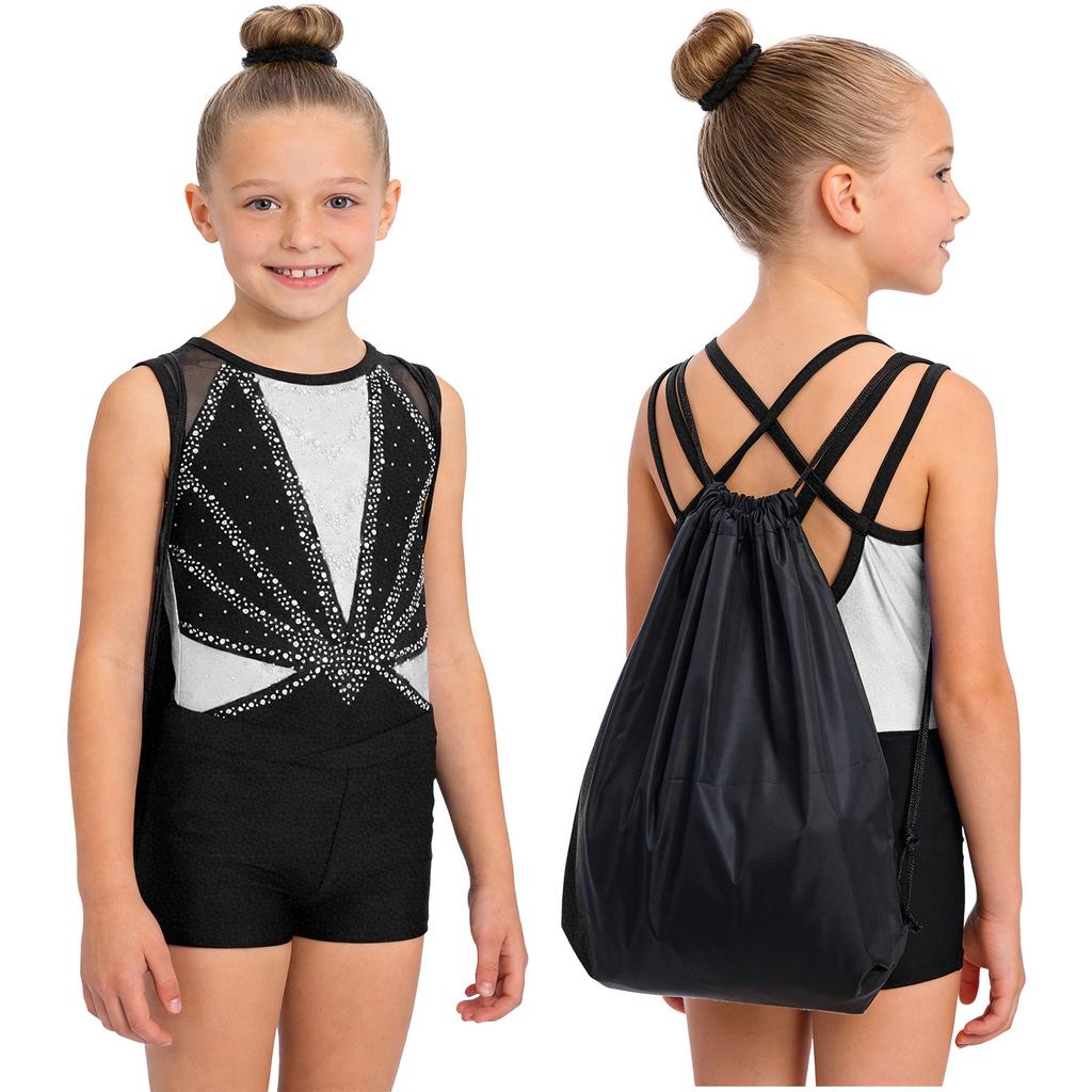 Kids Girls Gymnastics Dance Set Sleeveless Crisscross Back Shiny Rhinestones Color Block Metallic Leotard with Shorts Hairband and Drawstring Backpack