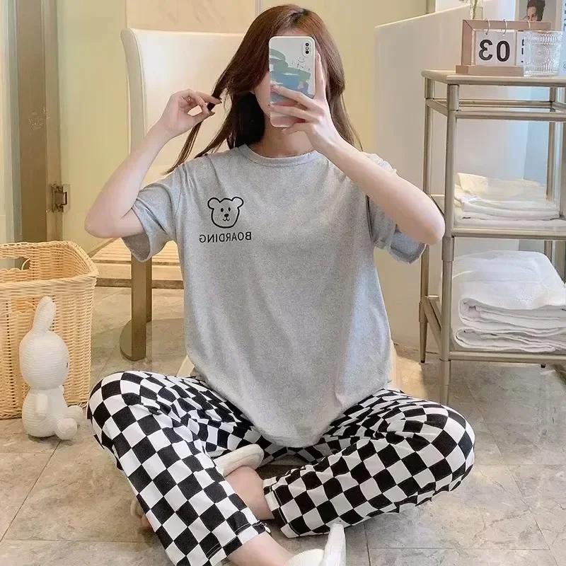 Pyjamas Set for Womenshort Sleeve Long Pants Student Pajamas Cartoon Plus Size Plaid Trousers Loungewear Two-Piece Setpajamas Wo