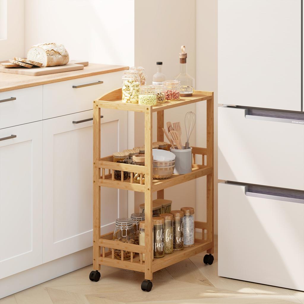 Kitchen Cart Rolling Cart with 3 Levels, Serving Cart with Storage Kitchen Shelf on Casters, for Kitchen Bathroom Office Natural Wood