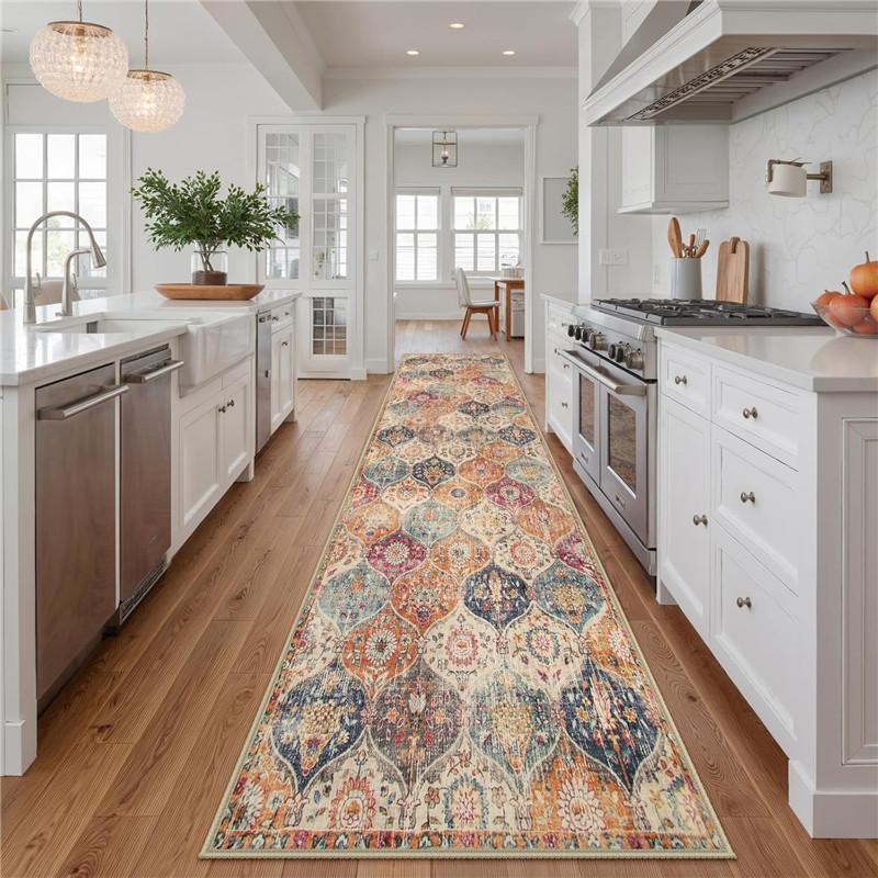 Covor Lavabil Moroccan Trellis 2x1.4m Covoare de Baie Antiderapante Covoraș de Interior pentru Ușă Covor Oriental Mare pentru Dormitor Intrare Covoraș de Rugăciune Crem/Multi