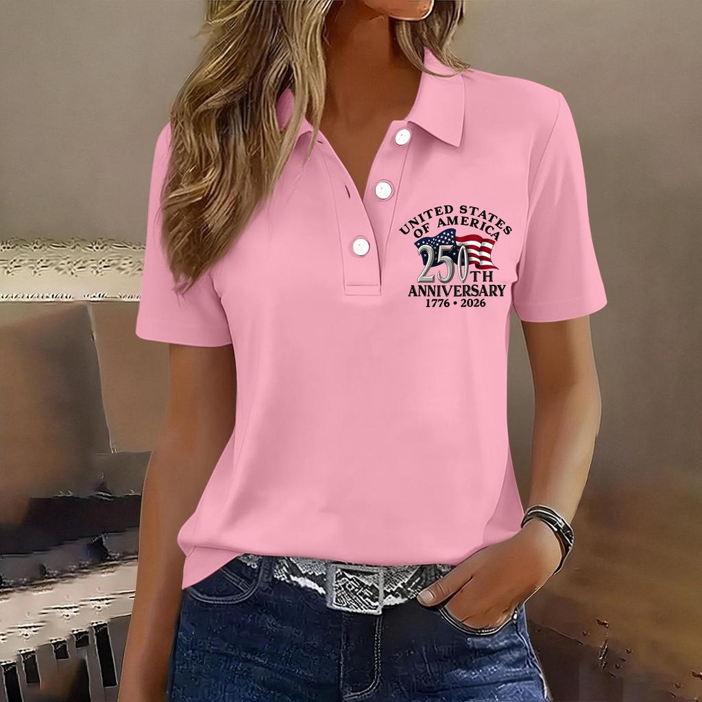 Women's Casual Button Front Short Sleeve Polo Shirt 250th Anniversary United States Printed Top 1776 To 2026 Commemorative Apparel