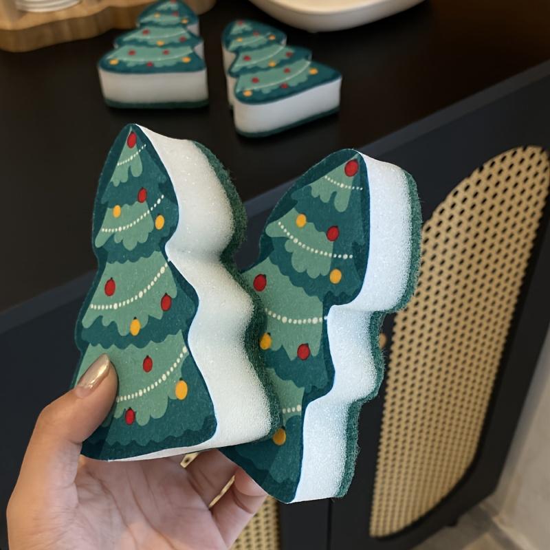 4pcs Festive Christmas Tree Sponge Scrubbers 3D Holiday Dish Cleaning Pads, Double Sided Kitchen Sponges with Snowflake Christmas Tree Designs,