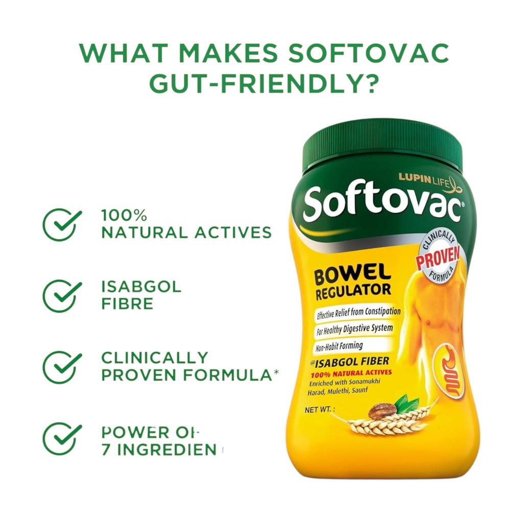 Softovac Isabgol Bowel Regulator Powder 450g – Gentle Stool Softener, Psyllium Husk Fiber, Relieves Bloating, Supports Digestive, Non-Habit Forming