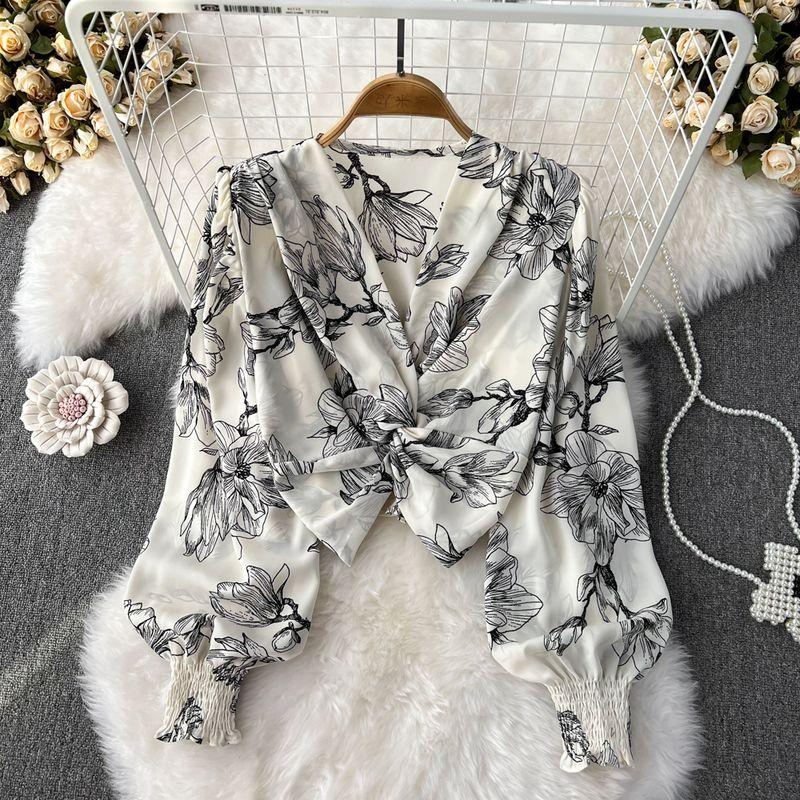 

Cross French Style Long Sleeve Fall High-Waist Blouse 2024 White flowers All yards
