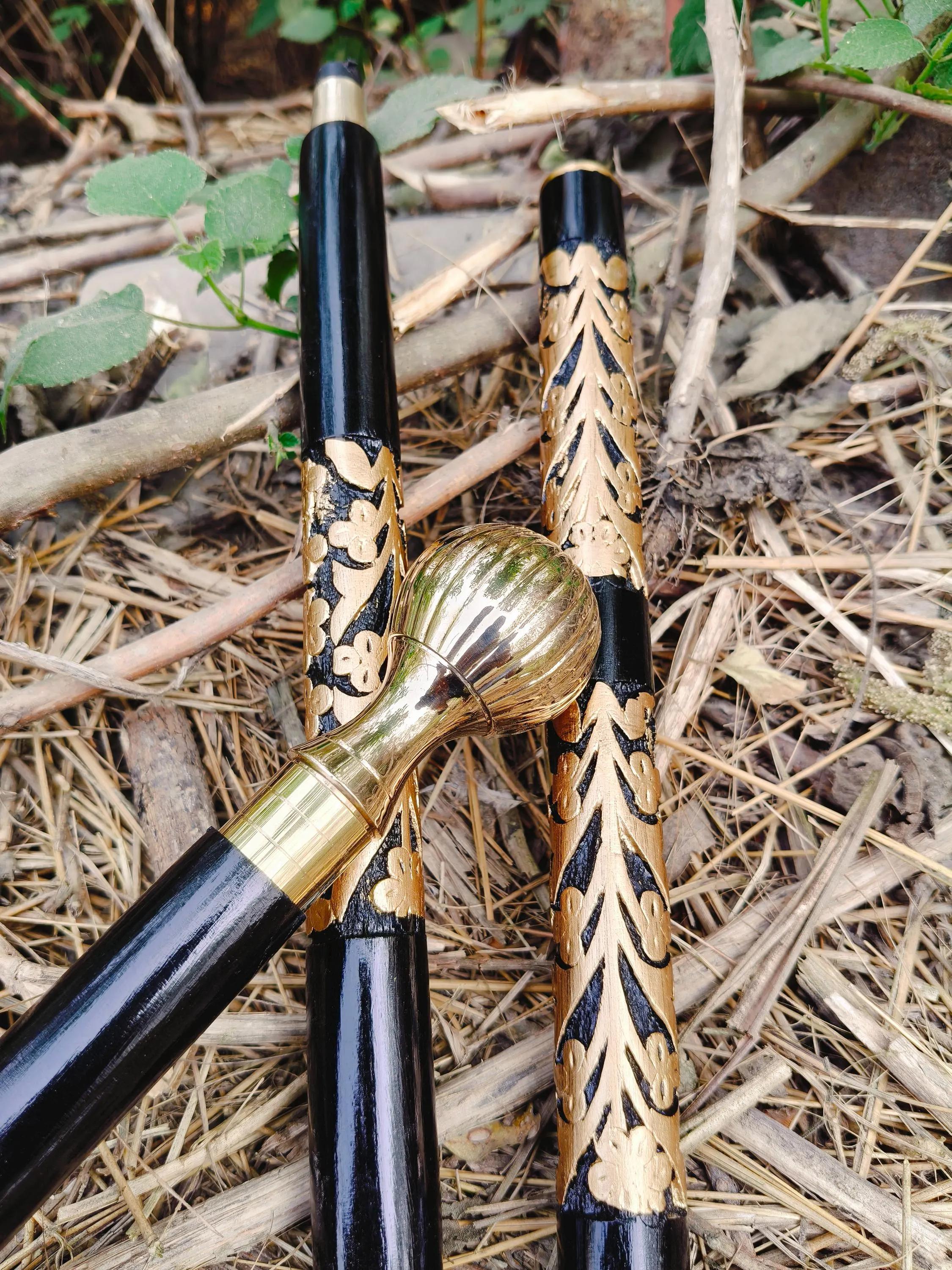 Victorian Walking Stick Brass Handle, Gold Floral Carvings, Hardwood Shaft