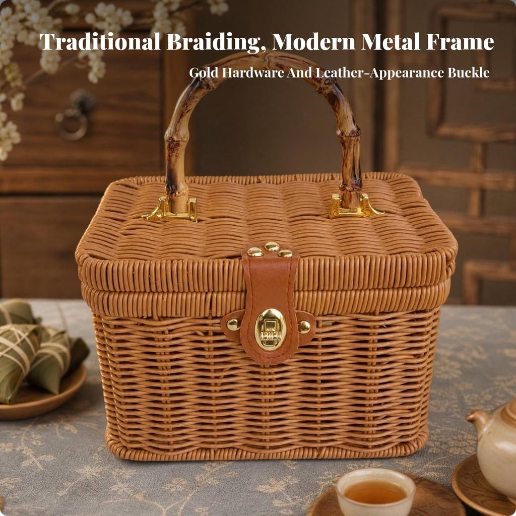 Rectangular Lidded Wicker Basket Sturdy Woven Container with Handle Easy